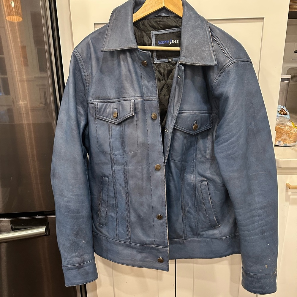 Blue leather trucker jacket